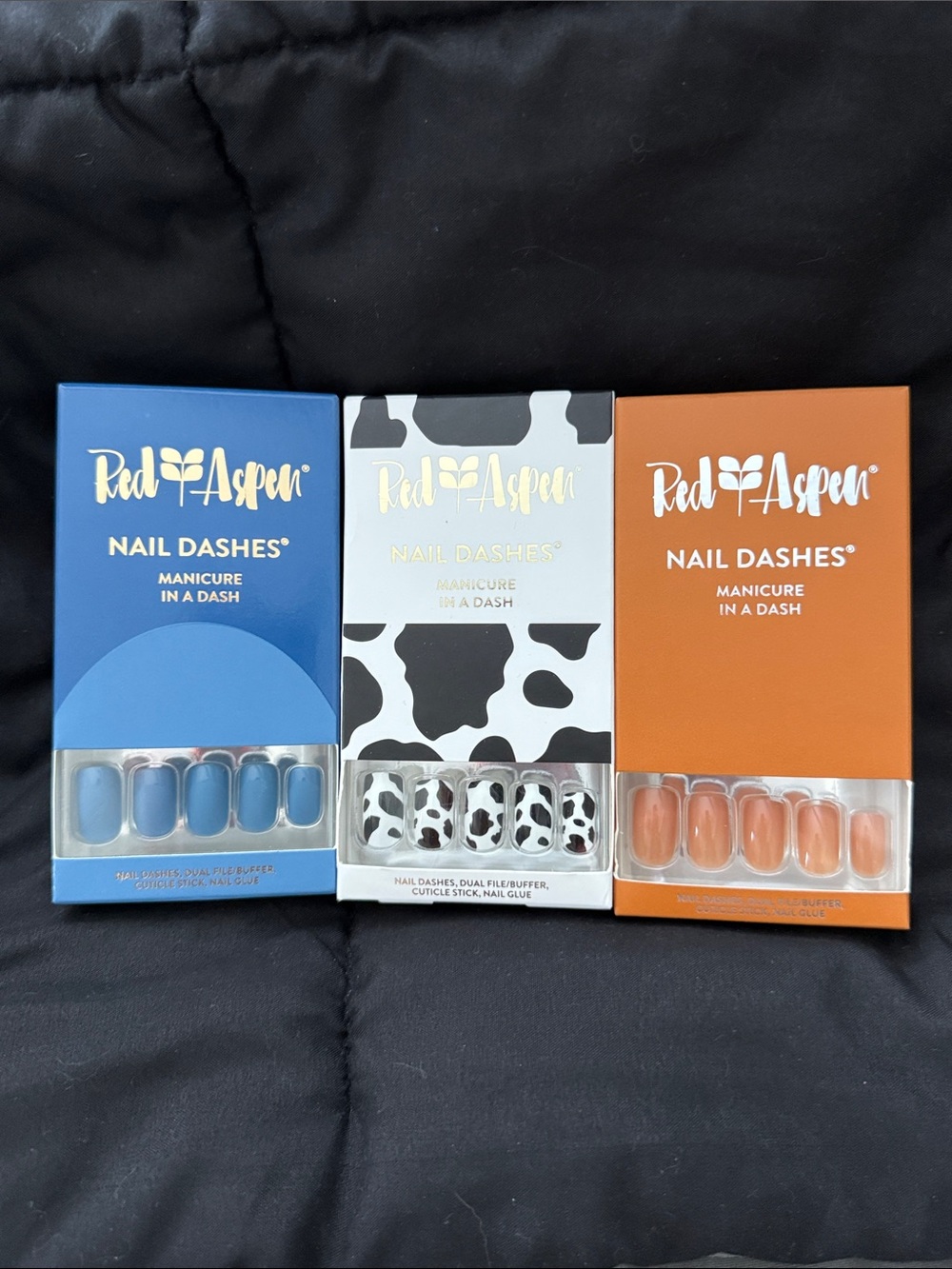 Red Aspen Nail Dashes Press-On Nail Set - Blue, Cow Print, and Tan Medium Square